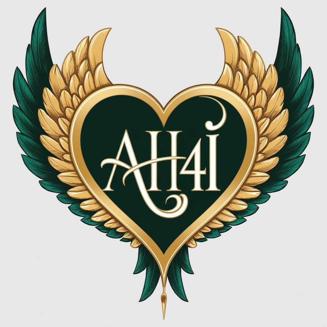 Gold and green colors a heart with wings with the initials AH4I 